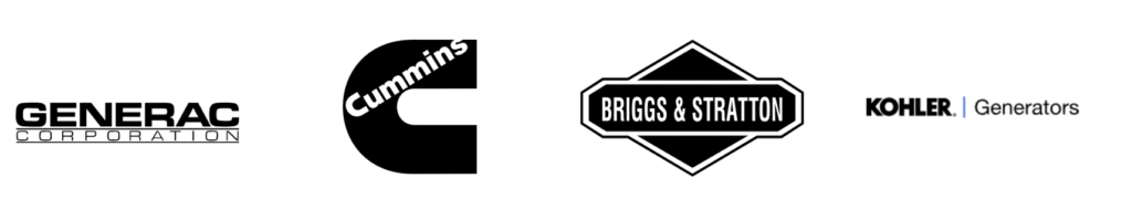 Four black-and-white logos for leading generator brands—Generac Corporation, Cummins, Briggs & Stratton, and Kohler Generators—arranged in a row on a white background, representing options for the Best Whole House Generator.
