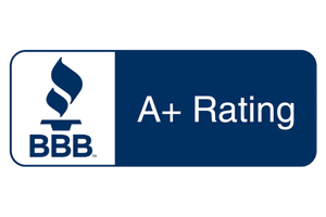 BBB A Logo A blue and white badge with the BBB torch logo and the text A+ Rating next to it.