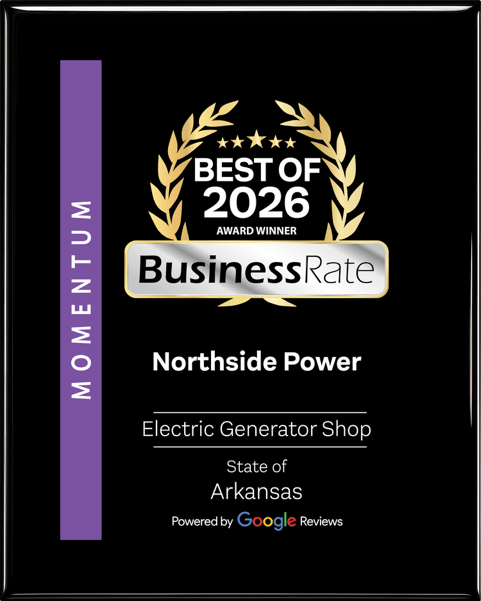 Award plaque with gold laurel, reads: Best of 2026 BusinessRate Northside Power Electric Generator Shop, Arkansas, Powered by Google Reviews. Purple Momentum bar on the left. Black background.